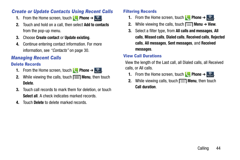 Create or update contacts using recent calls, Managing recent calls, Delete records | Filtering records, View call durations | Samsung SCH-R890ZKAUSC User Manual | Page 51 / 159