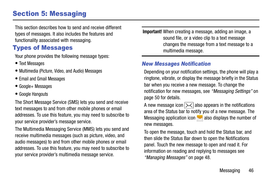 Section 5: messaging, Types of messages, New messages notification | Samsung SCH-R890ZKAUSC User Manual | Page 53 / 159