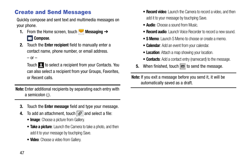 Create and send messages | Samsung SCH-R890ZKAUSC User Manual | Page 54 / 159