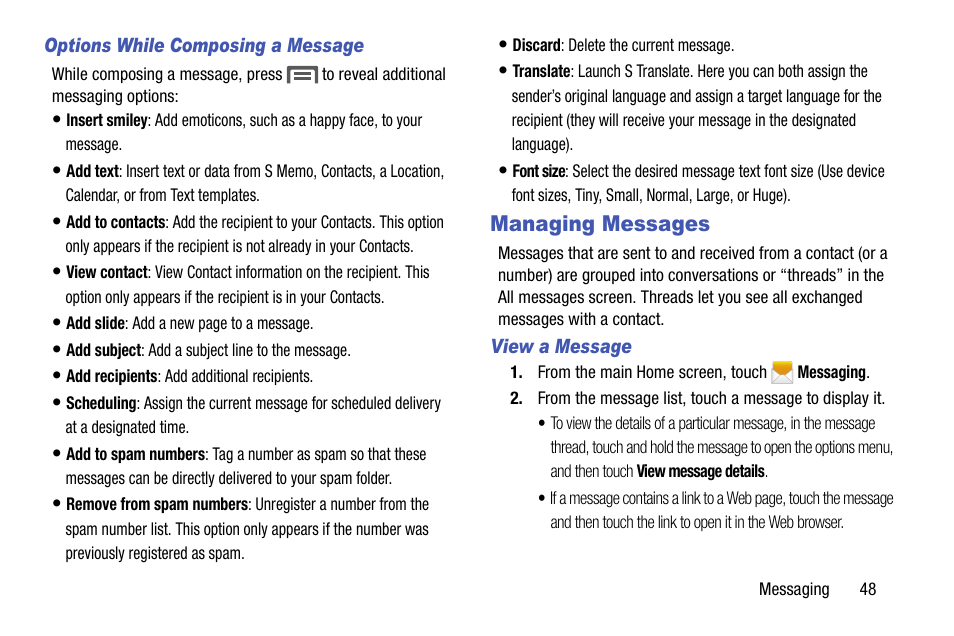 Options while composing a message, Managing messages, View a message | Samsung SCH-R890ZKAUSC User Manual | Page 55 / 159