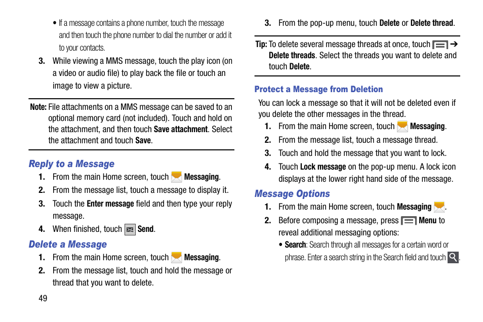 Reply to a message, Delete a message, Protect a message from deletion | Message options | Samsung SCH-R890ZKAUSC User Manual | Page 56 / 159