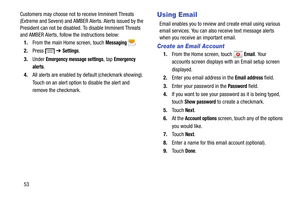 Using email, Create an email account | Samsung SCH-R890ZKAUSC User Manual | Page 60 / 159