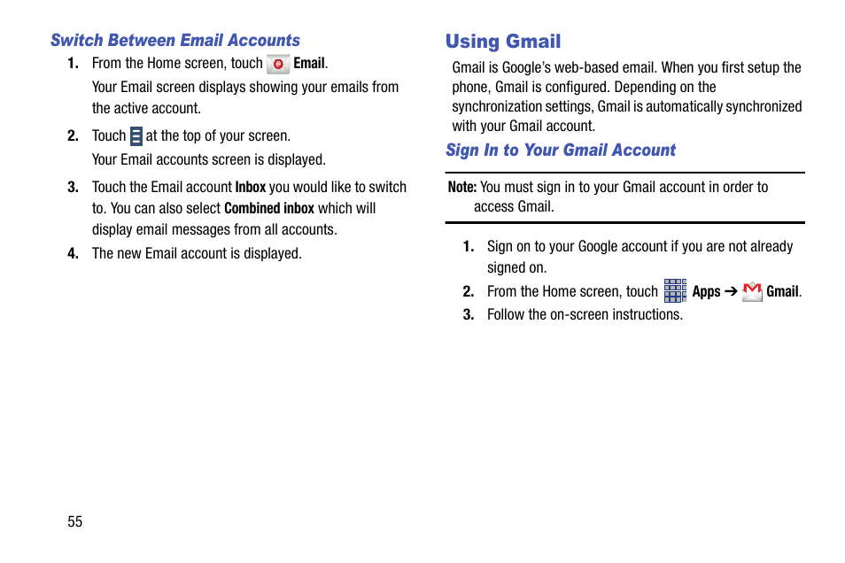 Switch between email accounts, Using gmail, Sign in to your gmail account | Samsung SCH-R890ZKAUSC User Manual | Page 62 / 159