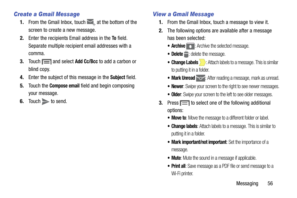 Create a gmail message, View a gmail message | Samsung SCH-R890ZKAUSC User Manual | Page 63 / 159