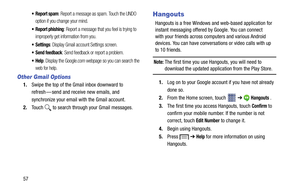 Other gmail options, Hangouts | Samsung SCH-R890ZKAUSC User Manual | Page 64 / 159