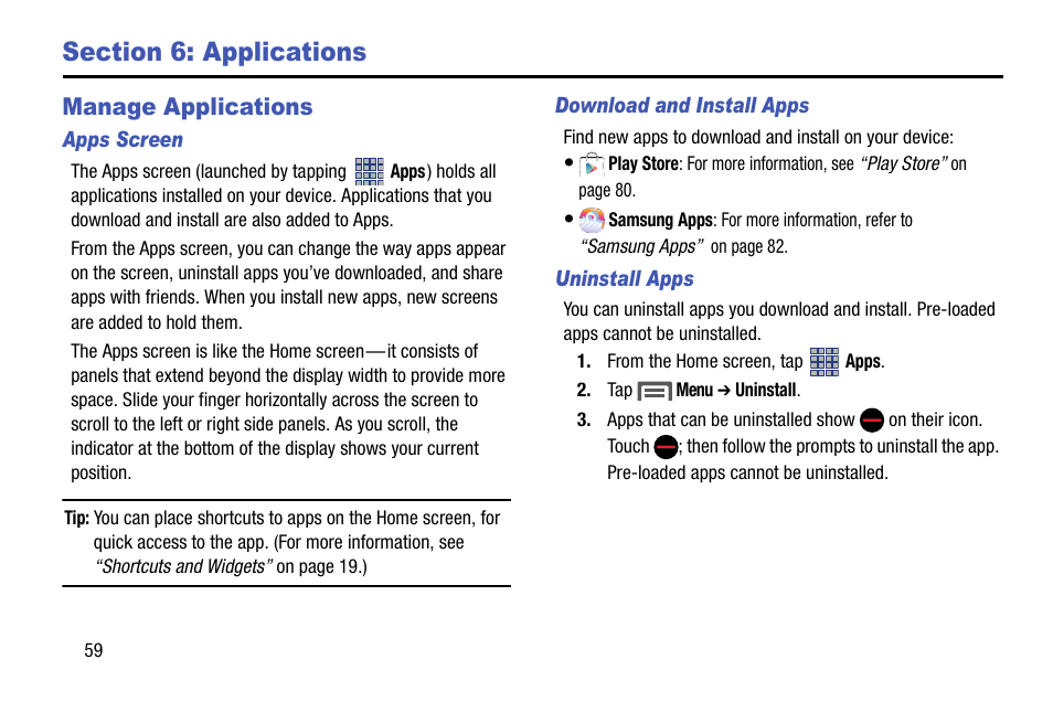 Section 6: applications, Manage applications, Apps screen | Download and install apps, Uninstall apps | Samsung SCH-R890ZKAUSC User Manual | Page 66 / 159