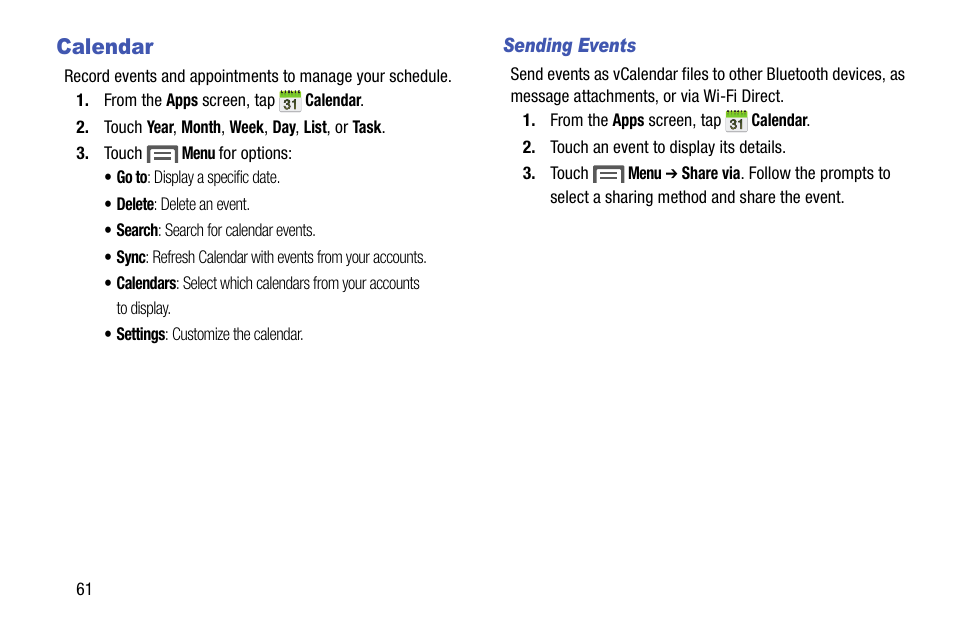 Calendar, Sending events | Samsung SCH-R890ZKAUSC User Manual | Page 68 / 159