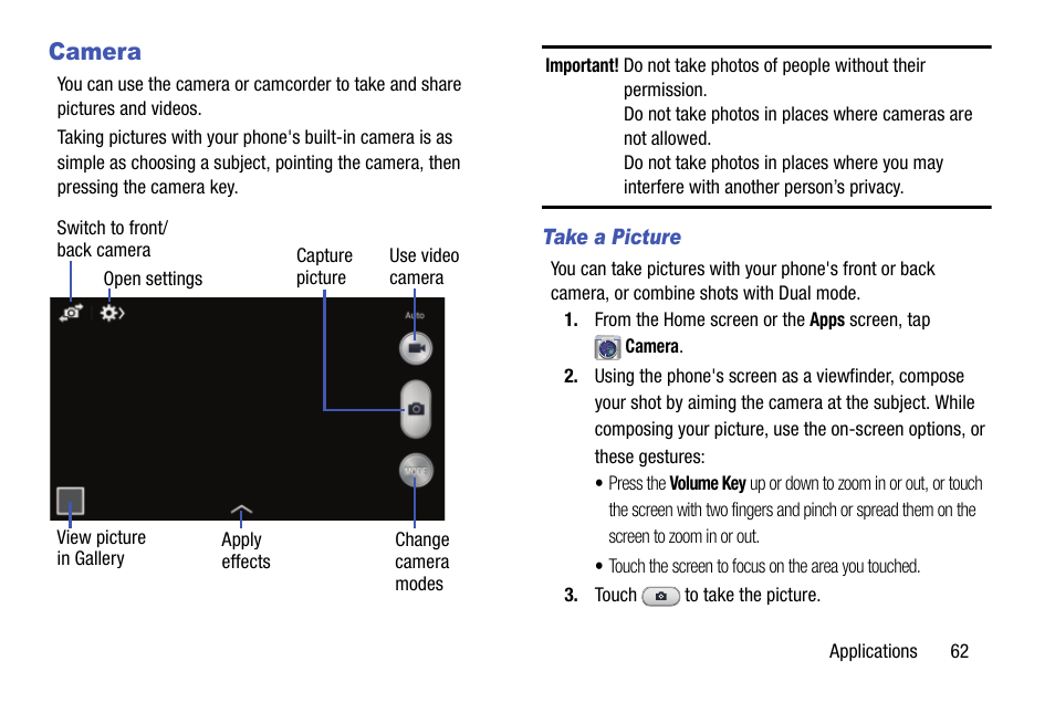 Camera, Take a picture | Samsung SCH-R890ZKAUSC User Manual | Page 69 / 159