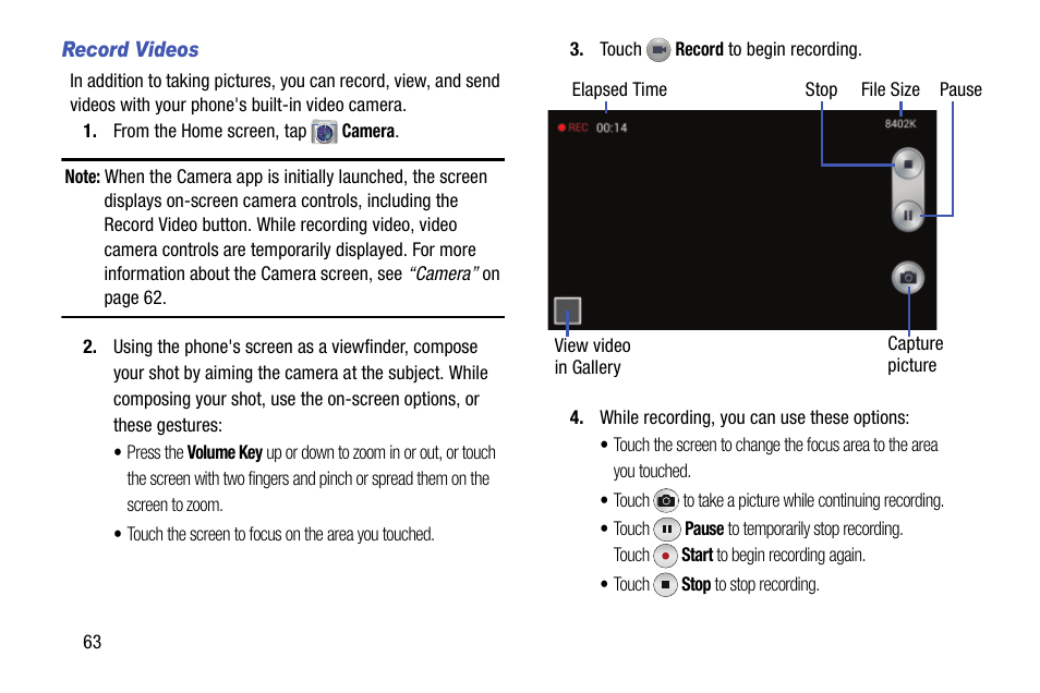 Record videos | Samsung SCH-R890ZKAUSC User Manual | Page 70 / 159