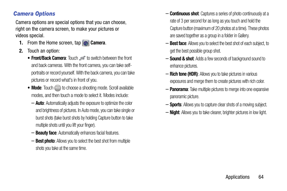 Camera options | Samsung SCH-R890ZKAUSC User Manual | Page 71 / 159