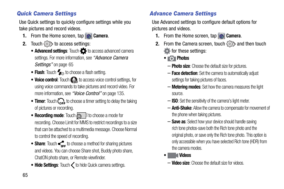 Quick camera settings, Advance camera settings | Samsung SCH-R890ZKAUSC User Manual | Page 72 / 159