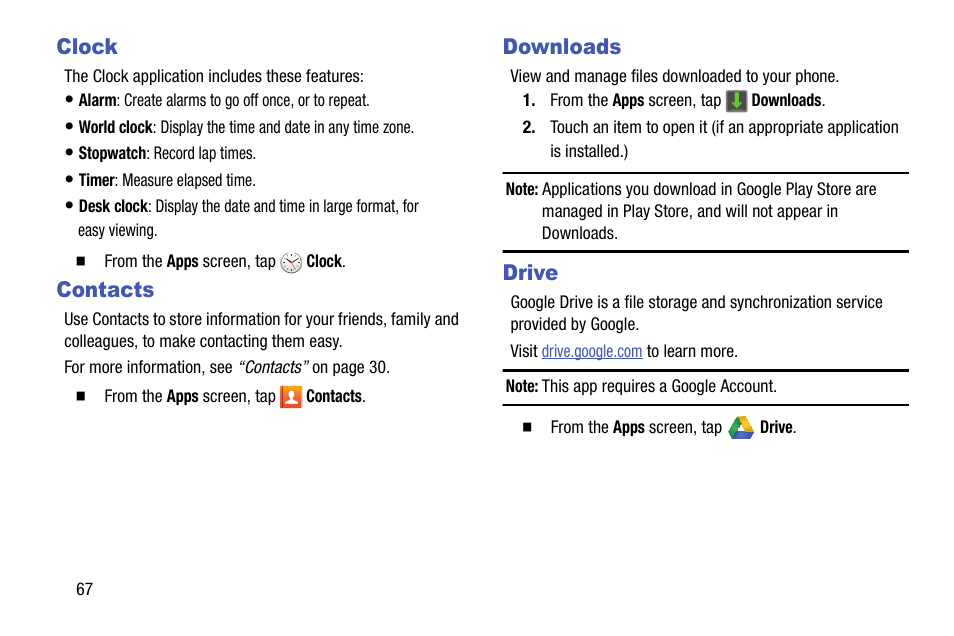 Clock, Contacts, Downloads | Drive | Samsung SCH-R890ZKAUSC User Manual | Page 74 / 159