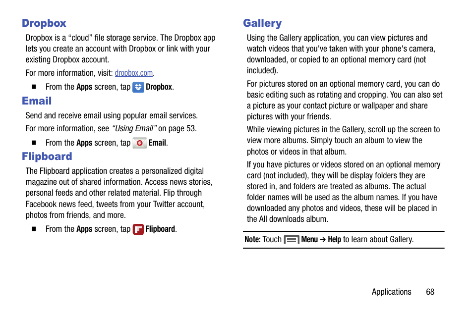 Dropbox, Email, Flipboard | Gallery | Samsung SCH-R890ZKAUSC User Manual | Page 75 / 159