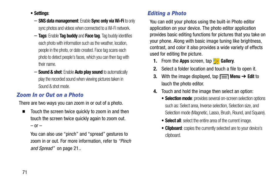 Zoom in or out on a photo, Editing a photo | Samsung SCH-R890ZKAUSC User Manual | Page 78 / 159