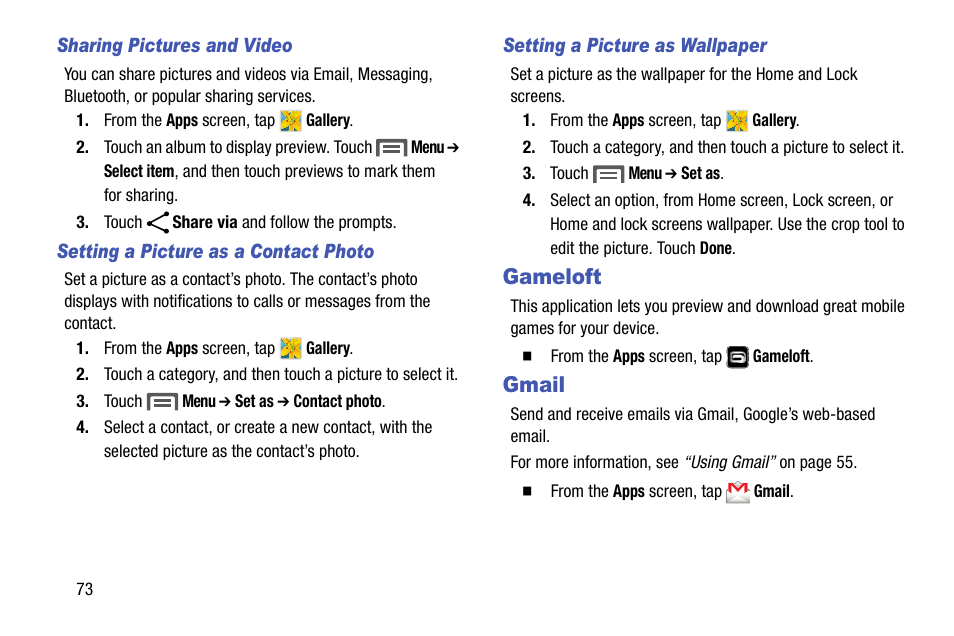 Sharing pictures and video, Setting a picture as a contact photo, Setting a picture as wallpaper | Gameloft, Gmail | Samsung SCH-R890ZKAUSC User Manual | Page 80 / 159