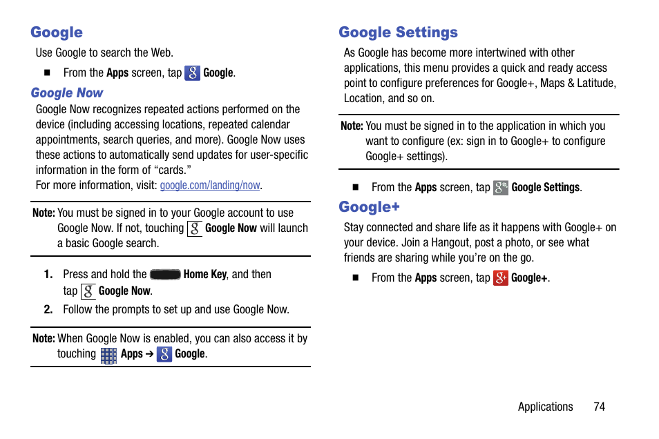 Google, Google now, Google settings | Samsung SCH-R890ZKAUSC User Manual | Page 81 / 159