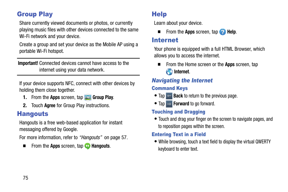 Group play, Hangouts, Help | Internet, Navigating the internet, Command keys, Touching and dragging, Entering text in a field, Group play hangouts help internet | Samsung SCH-R890ZKAUSC User Manual | Page 82 / 159