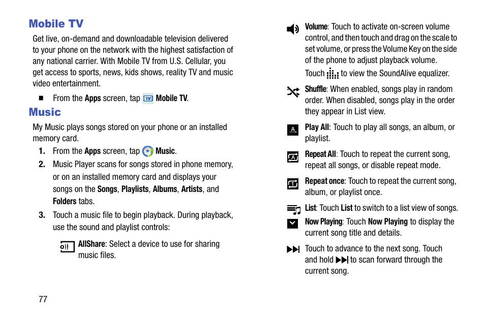 Mobile tv, Music, Mobile tv music | Samsung SCH-R890ZKAUSC User Manual | Page 84 / 159