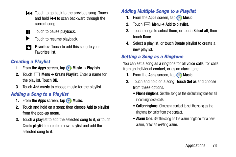 Creating a playlist, Adding a song to a playlist, Adding multiple songs to a playlist | Setting a song as a ringtone | Samsung SCH-R890ZKAUSC User Manual | Page 85 / 159