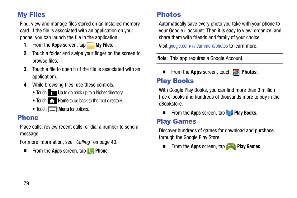 My files, Phone, Photos | Play books, Play games, My files phone photos play books play games | Samsung SCH-R890ZKAUSC User Manual | Page 86 / 159