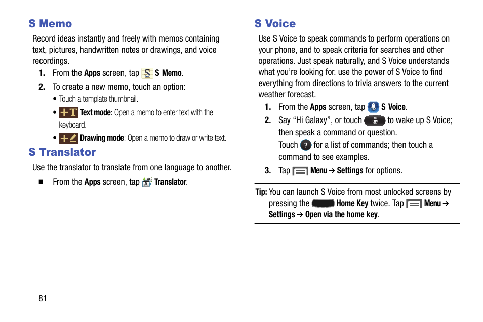 S memo, S translator, S voice | S memo s translator s voice | Samsung SCH-R890ZKAUSC User Manual | Page 88 / 159