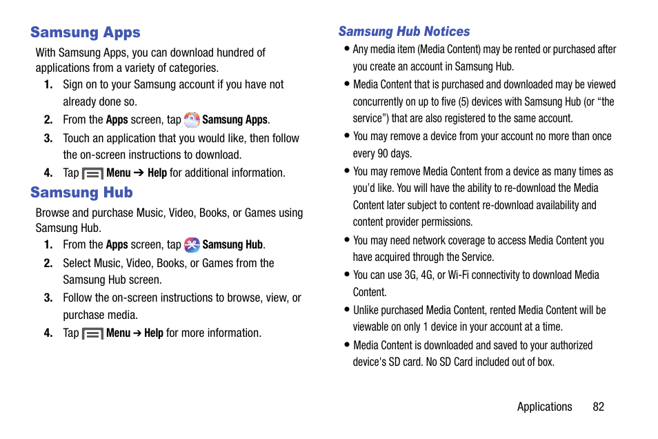 Samsung apps, Samsung hub, Samsung hub notices | Samsung apps samsung hub, For more information, refer to | Samsung SCH-R890ZKAUSC User Manual | Page 89 / 159