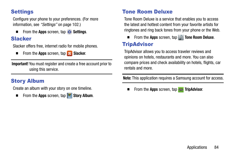 Settings, Slacker, Story album | Tone room deluxe, Tripadvisor | Samsung SCH-R890ZKAUSC User Manual | Page 91 / 159