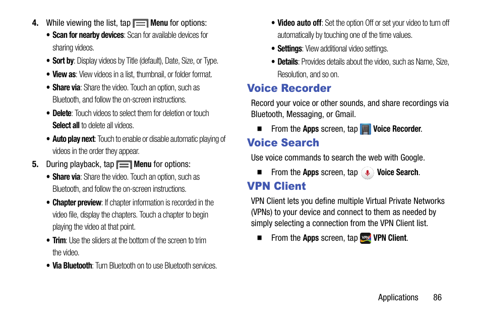 Voice recorder, Voice search, Vpn client | Voice recorder voice search vpn client | Samsung SCH-R890ZKAUSC User Manual | Page 93 / 159