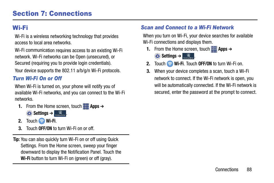 Section 7: connections, Wi-fi, Turn wi-fi on or off | Scan and connect to a wi-fi network | Samsung SCH-R890ZKAUSC User Manual | Page 95 / 159