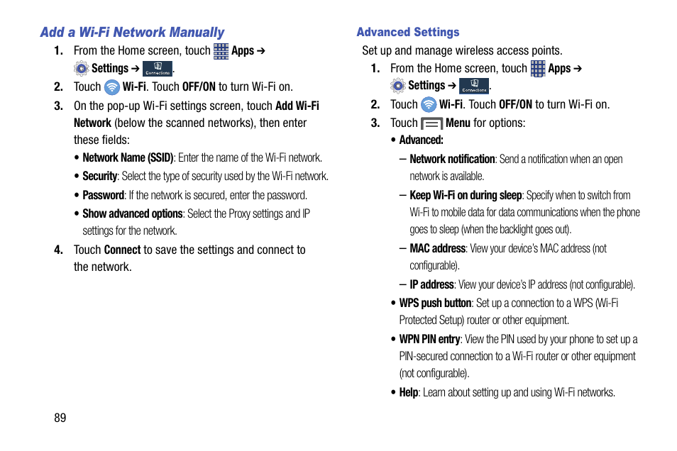 Add a wi-fi network manually, Advanced settings | Samsung SCH-R890ZKAUSC User Manual | Page 96 / 159