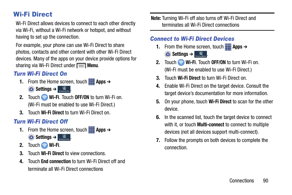 Wi-fi direct, Turn wi-fi direct on, Turn wi-fi direct off | Connect to wi-fi direct devices | Samsung SCH-R890ZKAUSC User Manual | Page 97 / 159