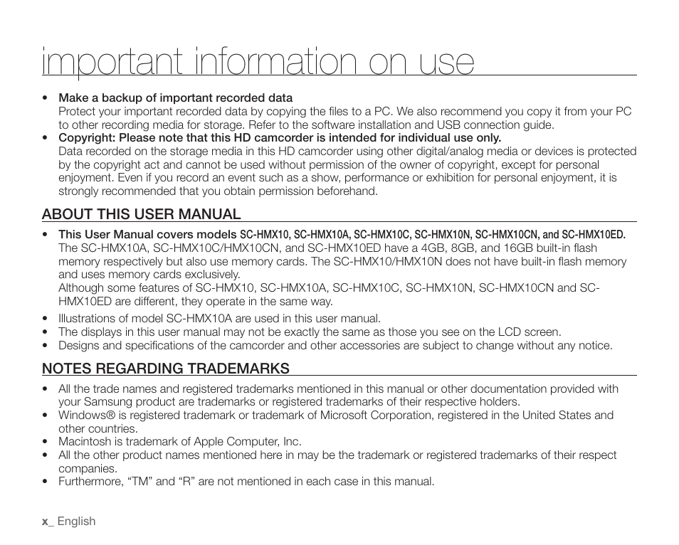 About this user manual, Notes regarding trademarks, Important information on use | Samsung SC-HMX10C-XAA User Manual | Page 10 / 124