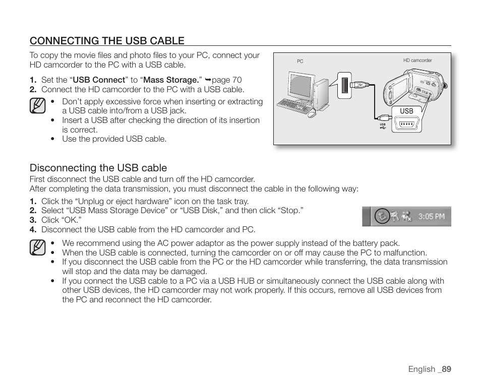 Connecting the usb cable, Disconnecting the usb cable | Samsung SC-HMX10C-XAA User Manual | Page 101 / 124