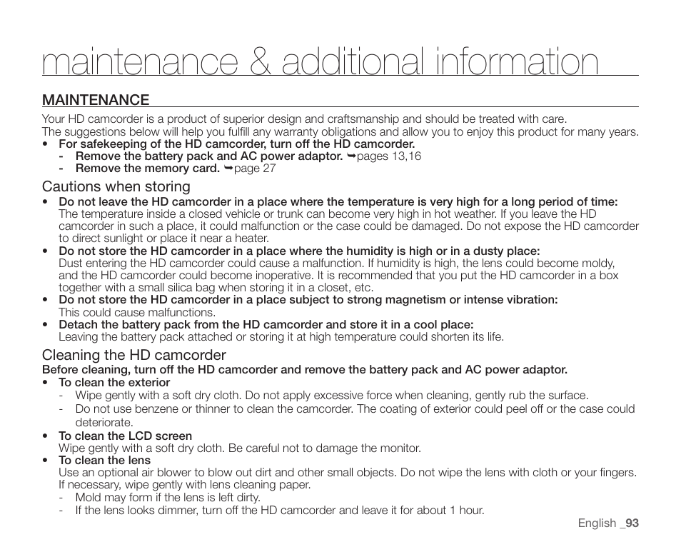 Maintenance & additional information, Maintenance | Samsung SC-HMX10C-XAA User Manual | Page 105 / 124