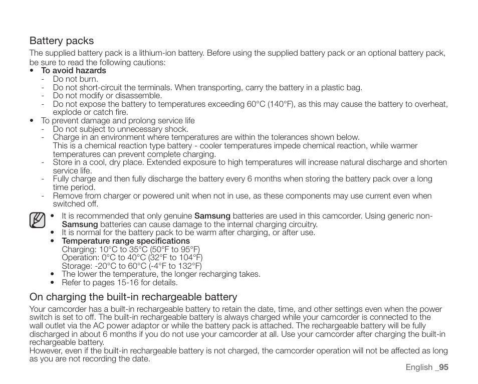 Battery packs, On charging the built-in rechargeable battery | Samsung SC-HMX10C-XAA User Manual | Page 107 / 124