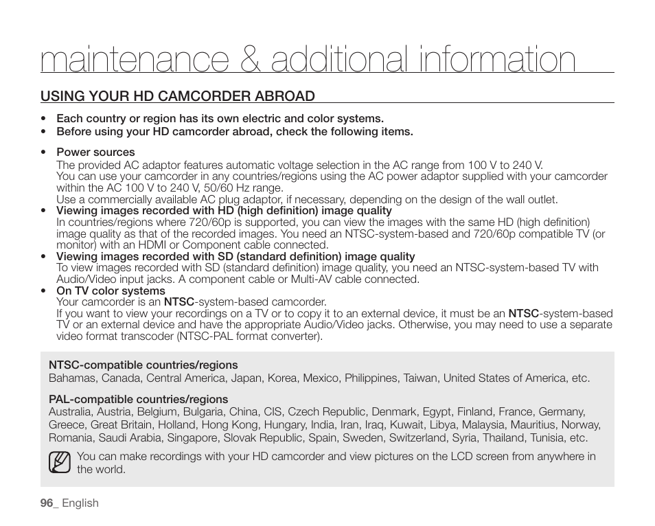 Using your hd camcorder abroad, Maintenance & additional information | Samsung SC-HMX10C-XAA User Manual | Page 108 / 124