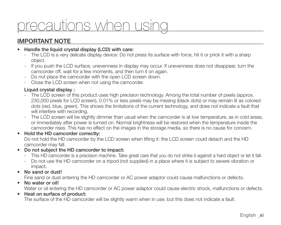 Precautions when using, Important note | Samsung SC-HMX10C-XAA User Manual | Page 11 / 124