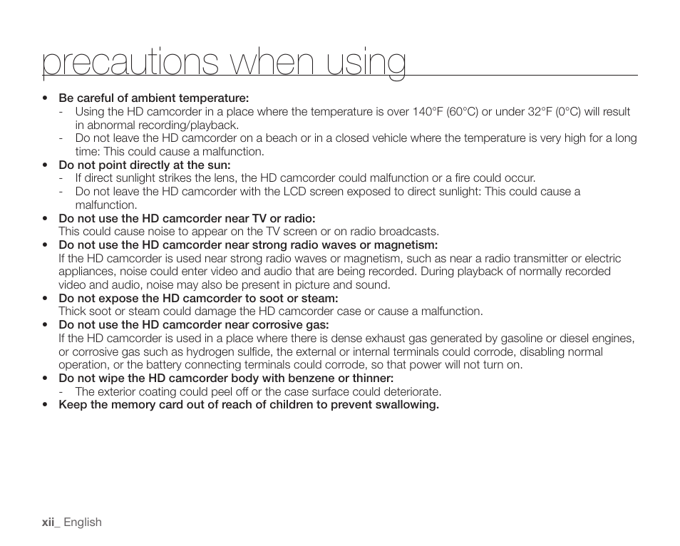 Precautions when using | Samsung SC-HMX10C-XAA User Manual | Page 12 / 124