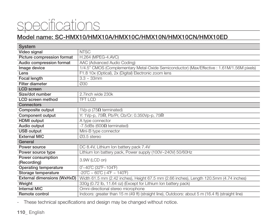 Specifications | Samsung SC-HMX10C-XAA User Manual | Page 122 / 124