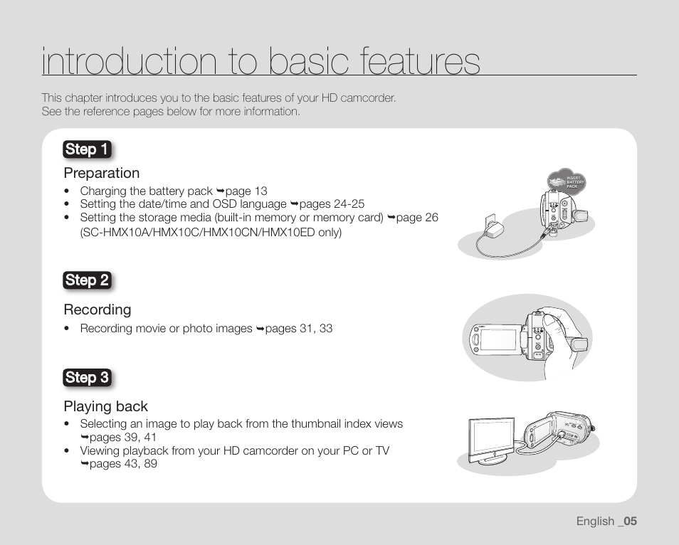 Introduction to basic features, Preparation, Recording | Playing back, Step 2 step 3 step 1 | Samsung SC-HMX10C-XAA User Manual | Page 17 / 124