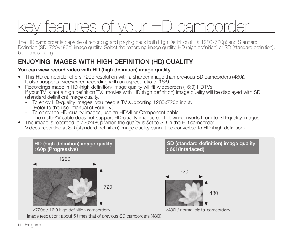 Key features of your hd camcorder, Enjoying images with high definition (hd) quality | Samsung SC-HMX10C-XAA User Manual | Page 2 / 124