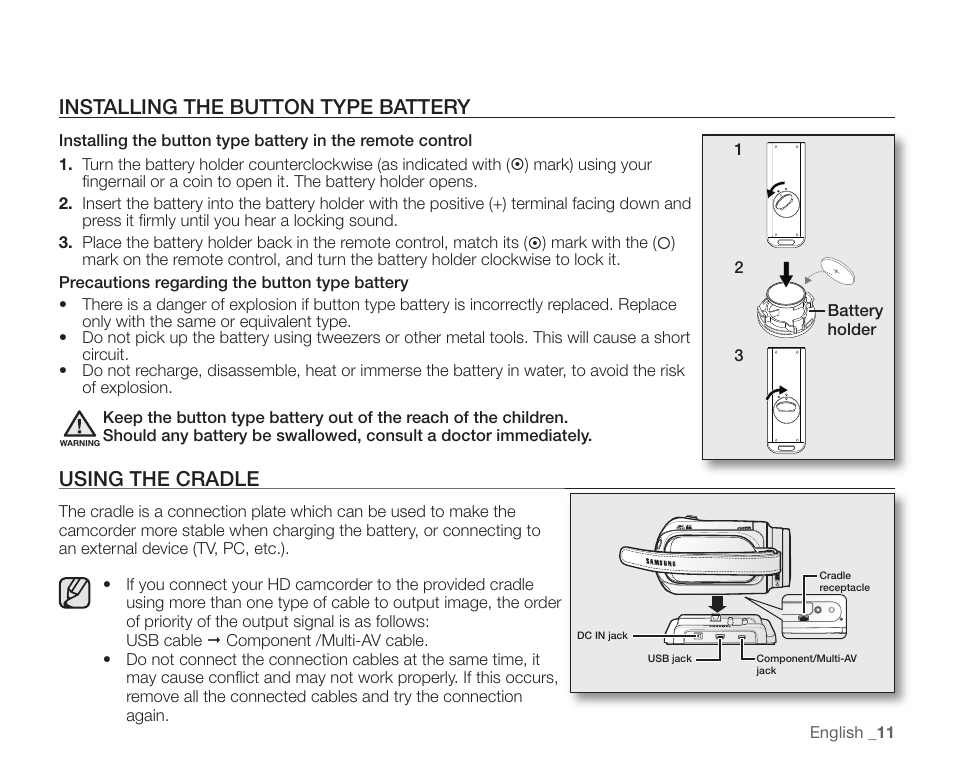 Installing the button type battery, Using the cradle | Samsung SC-HMX10C-XAA User Manual | Page 23 / 124