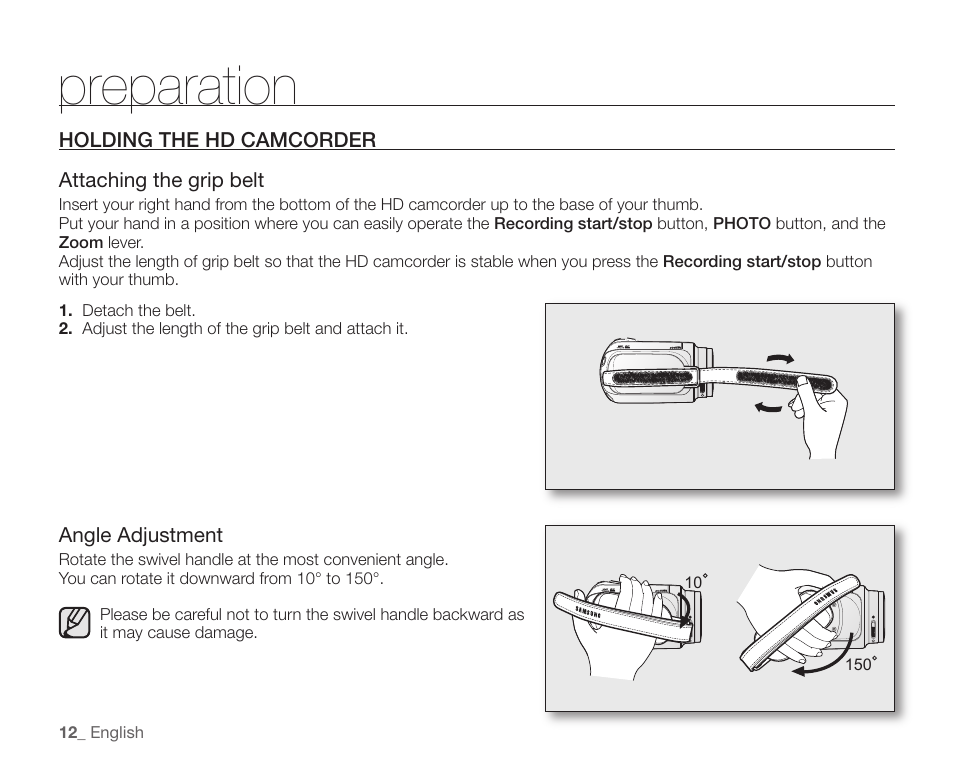 Holding the hd camcorder, Preparation | Samsung SC-HMX10C-XAA User Manual | Page 24 / 124