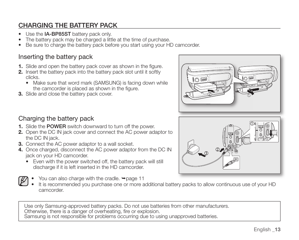 Charging the battery pack, Inserting the battery pack | Samsung SC-HMX10C-XAA User Manual | Page 25 / 124