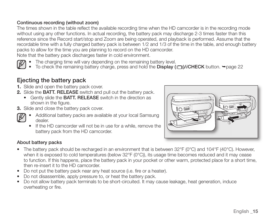 Ejecting the battery pack | Samsung SC-HMX10C-XAA User Manual | Page 27 / 124