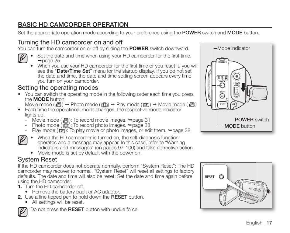 Basic hd camcorder operation, Turning the hd camcorder on and off, Setting the operating modes | System reset | Samsung SC-HMX10C-XAA User Manual | Page 29 / 124