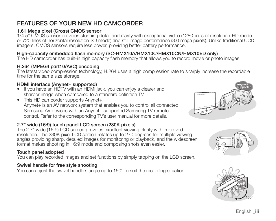 Features of your new hd camcorder | Samsung SC-HMX10C-XAA User Manual | Page 3 / 124