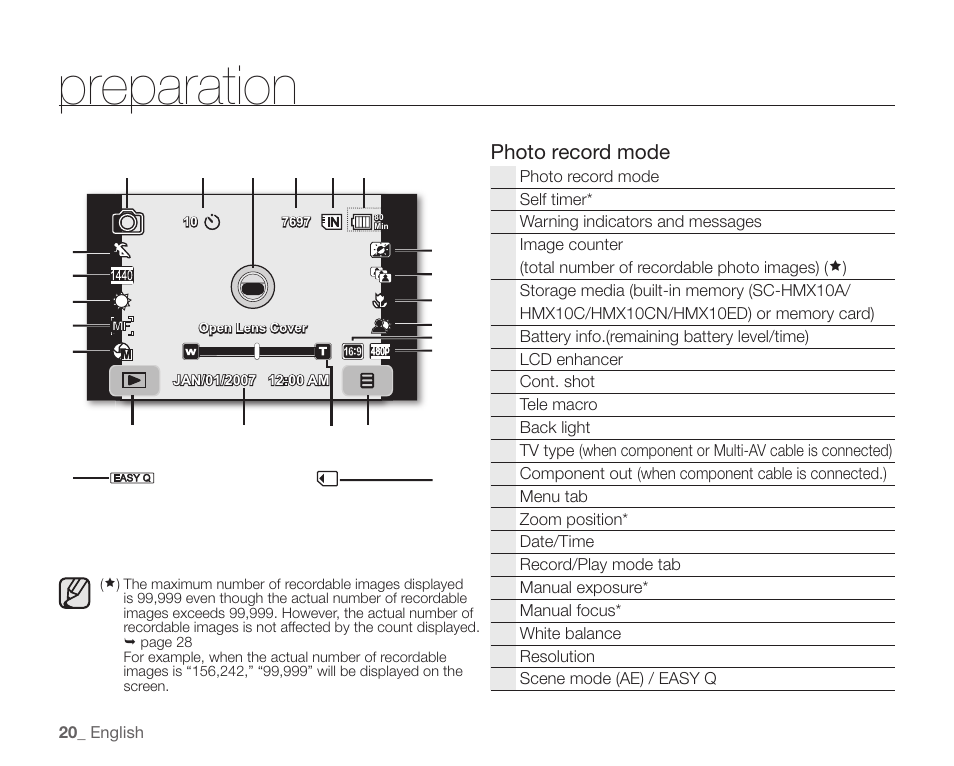 Preparation, Photo record mode | Samsung SC-HMX10C-XAA User Manual | Page 32 / 124