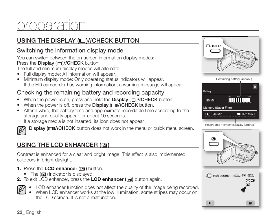 Using the display ( )/icheck button, Using the lcd enhancer, Preparation | Using the lcd enhancer ( ) | Samsung SC-HMX10C-XAA User Manual | Page 34 / 124