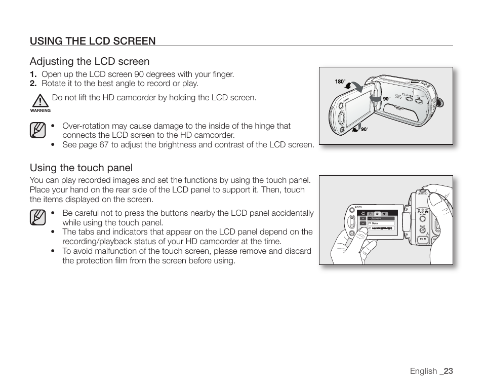 Using the lcd screen, Using the lcd screen adjusting the lcd screen, Using the touch panel | Samsung SC-HMX10C-XAA User Manual | Page 35 / 124